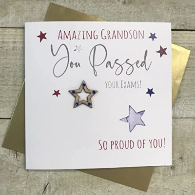 Image of WHITE COTTON CARDS AMAZING GRANDSON, PASSED YOUR EXAMS CARD. STAR DESIGN (S299 GS)