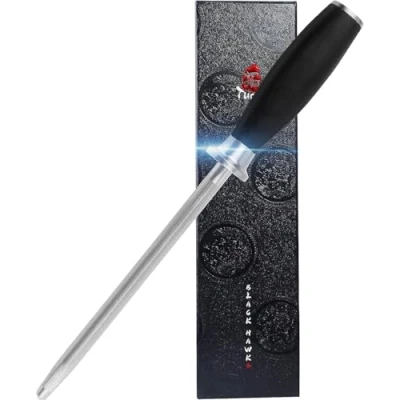 Image of TUO Honing Steel Manual Knife Sharpener 8 inch German High Carbon Stainless Sharpening Rod with Pakkawood Handle Black Hawk Series