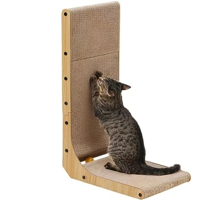 Image of FUKUMARU Cat Scratcher, 68 cm L Shape Scratch Pad Wall Mounted, Scratching Cardboard with Ball Toy for Indoor Cats