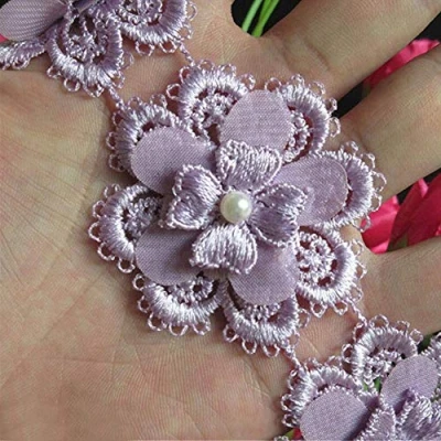 Image of 1 Yard Flower Pearl Lace Edge Trim Ribbon 5 cm Width Vintage Style Purple Edging Trimmings Fabric Embroidered Applique Sewing Craft Wedding Bridal Dress Embellishment DIY Decor Clothes Embroidery