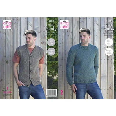 Image of King Cole 5308 Knitting Pattern Mens Waistcoat and Sweater in Big Value Super Chunky Stormy, 36&quot; 54&quot; Chest
