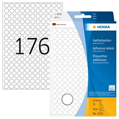 Image of HERMA Dot Stickers White, 5632 Labels, Ø 8 mm, 176 Labels per Sheet, Self Adhesive Round Colour Stickers, Blank Marking Dots, Sticky Circle for Color Coding Calendar