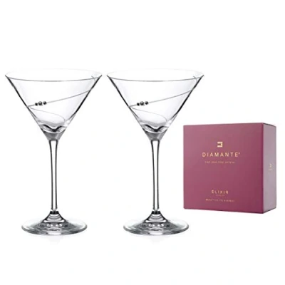 Image of DIAMANTE Swarovski Martini Prosecco Cocktail Glasses Pair &#039;Silhouette&#039; Hand Cut Design Embellished with Crystals Updated Shape