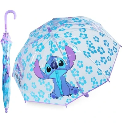 Image of Disney Clear Dome Umbrella for Girls Folding Transparent Lightweight School Days Out (Blue/Purple Stitch)