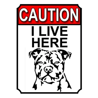 Image of CAUTION I LIVE HERE METAL GATE SIGN DOG THEME 200MM X 150MM (1688H1)