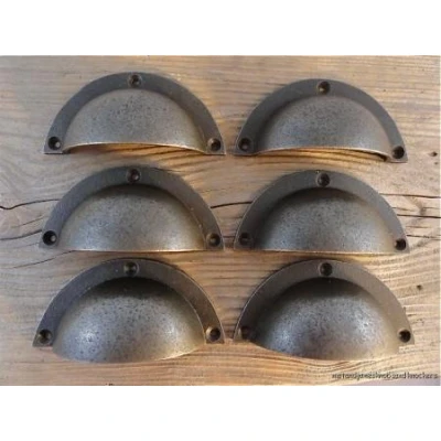 Image of SET 6 ANTIQUE STYLE CLASSIC LARGE CABINET DRAWER HANDLE CAST IRON PULL CUP CH5