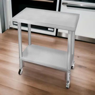 Image of KuKoo Catering Work Bench Table Stainless Steel Food Prep Kitchen Mobile 4 x Castor Wheels With 2 Brakes &amp; Adaptable Feet Adjustable Lower Shelf 3 Positions 160kg Load Capacity 76cm 45cm 86cm