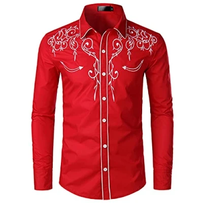 Image of NW Mens Stylish Western Cowboy Shirt Embroidered Slim Fit Casual Long Sleeve Shirts Wedding Party