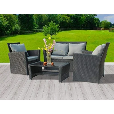 Image of BIRCHTREE PE Rattan Garden Furniture Set Sofa Armchair Glass Coffee Table 4 Seater Cushion Outdoor Patio Conservatory RFS02 Black