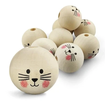 Image of Netuno 8X Wooden Beads with Smiling Cat Face 30 mm Balls Hole Macrame Jewellery Crafts Decorative Craft Wood Large Holes