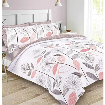 Image of Dreamscene Allium Floral Duvet Cover with Pillowcase Bedding Set Reversible Tartan Check, Blush Pink Grey Double