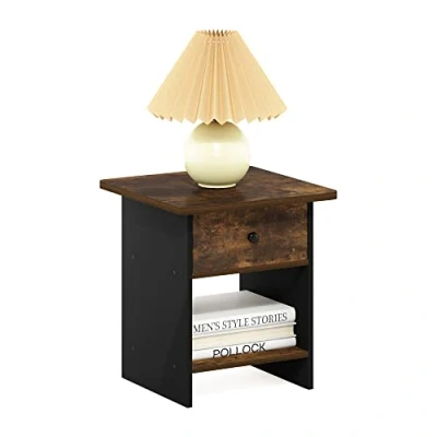 Image of Furinno Dario End Table/ Night Stand Storage Shelf with Bin Drawer, Amber Pine/Black