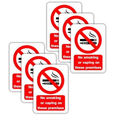 Image of No smoking or vaping Vinyl Signs, 75mm x 100mm, Self Adhesive Stickers, Waterproof, Indoor/Outdoor Use, Safety Warning Sign, C&amp;J Goods (No on these premises, 6 Pack)