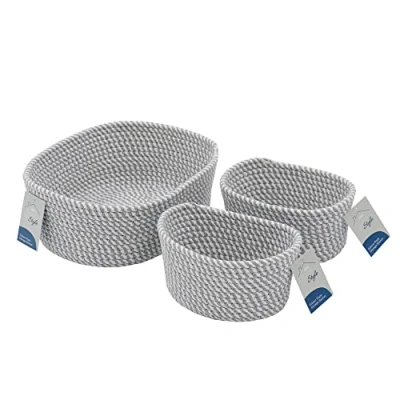 Image of JVL Edison Rectangular Cotton Rope Storage Basket, Set of 3, Grey