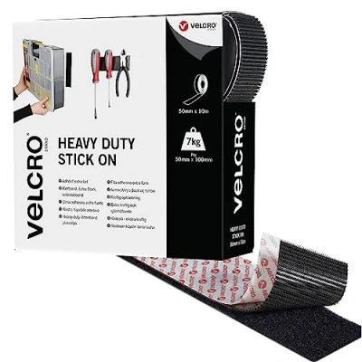 Image of VELCRO Brand Heavy Duty Stick On Tape Cut to Length Industrial Extra Strong Double Sided Hook &amp; Loop Self Adhesive Perfect for Room Décor Home, Office, Garage Use Black 10m x 50mm