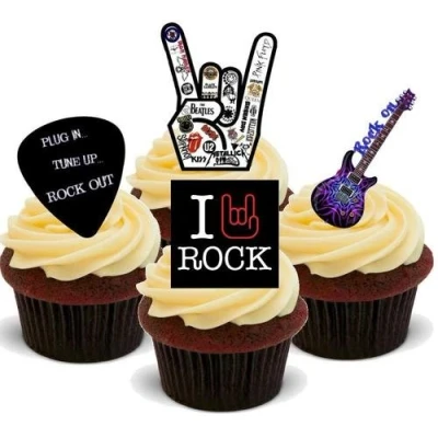 Image of I Love Rock Music Mix 12 Edible Stand Up Premium Wafer Card Cake Toppers Decorations