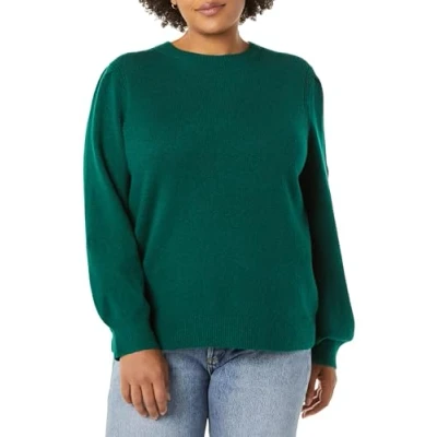 Image of Amazon Essentials Women&#039;s Soft Touch Pleated Shoulder Crewneck Jumper, Dark Green, L