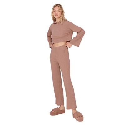 Image of Trendyol Women Plain Knit T shirt Trousers Pajama Set Brown