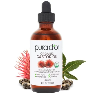 Image of PURA D’OR Castor Oil (118 ml) 100% Pure All Natural for Hair Growth, Eyebrows, Eyelashes Cold Pressed Hexane Free to Moisturize &amp; Heal Dry Skin Includes Bonus Brush Kit