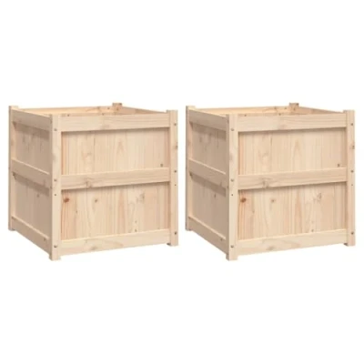 Image of vidaXL Solid Wood Pine Garden Planters Set of 2, Outdoor Patio Decorative Flower/Plant Pot, Size: 50x50x50cm, Brown