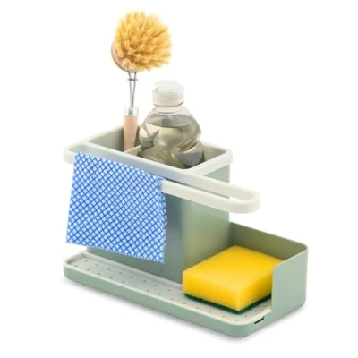 Image of simplywire Sink Tidy/Caddy Kitchen Organiser Removable Drip Tray Non Slip Sage Green &amp; White