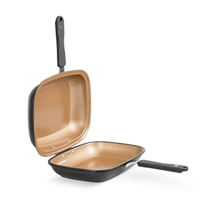 Image of LIVINGTON Black Doubletta Reversible Pan for Cooking, Roasting, Baking, Grilling Ergonomic Handle Suitable All Hob Types Non Stick Coating