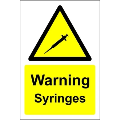 Image of Warning Syringes Safety sign Self adhesive sticker 200mm x 150mm
