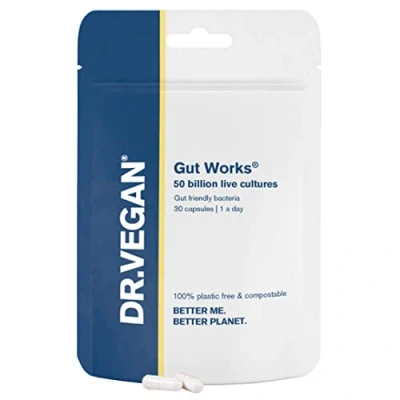 Image of DR.VEGAN Gut Works® 50bn Live Cultures Pre &amp; Probiotic 30 Vegan Friendly Capsules One A Day 6 clinically studied strains