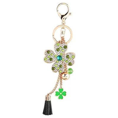 Image of Lucky Four Leaf Clover with Tassel Keychain Car Keyring Crystal Rhinestone Women Purse Pendant Handbag Charm, Good Luck Gifts(Green)