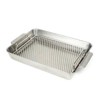Image of Ooni Large 17&quot; x 12&quot; Roasting Pan Non Stick Stainless Steel Tray with Rack and Wooden Carving Meat Board, Ovensafe Cookware, Roaster Tin