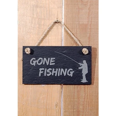 Image of Slate Hanging Sign &#039;Gone Fishing (with fisherman motif)&#039;
