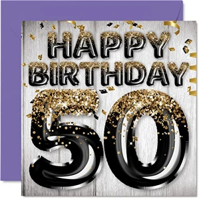 Image of 50th Birthday Card for Men Black &amp; Gold Glitter Balloons Happy Cards 50 Year Old Man Dad Grandad Grandpa Gran Uncle, 145mm x Fifty Fiftieth Bday Greeting Gift