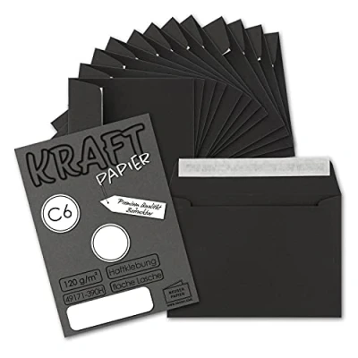 Image of Pack of 50 DIN C6 Kraft Paper Black Vintage Recycled Envelopes with Self Adhesive, 114 x 162 mm