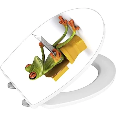 Image of WENKO 21758100 Toilet seat Frog News Acrylic soft closing mechanism, Fix Clip, Duroplast, 38.8 x 45 cm, White
