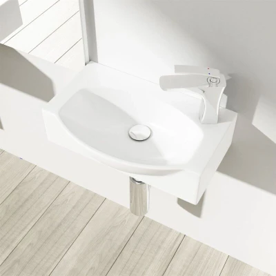 Image of Durovin Bathrooms Compact Ceramic Sink Wall Hung or Countertop D Shape Cloakroom Hand Washing Basin One Right Corner Tap Hole 405 x 280 110mm (WxDxH)