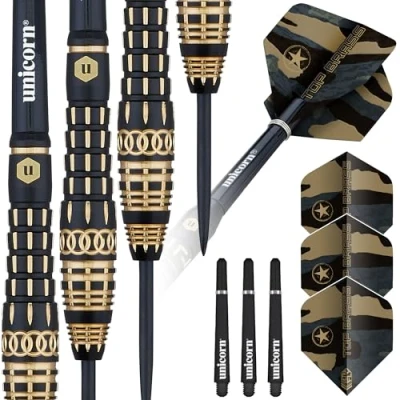 Image of Unicorn Top Brass Darts Steel Tip Style 4 Black &amp; Gold 20g