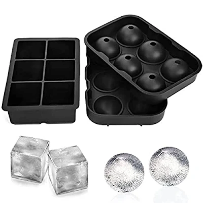 Image of Nicoman Easy Release Silicone Ice Cube Mould with Spill Resistant Lids, Combo Giant Ball &amp; Cube, Suitable for Whiskey Wine or Any Drink, (Set of 2) Black