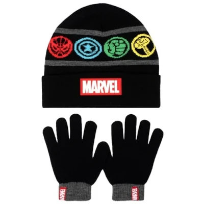 Image of Marvel Winter Hat &amp; Gloves Set for Boys Warm Comfy Kids Accessories 6 12 Years Gift Black