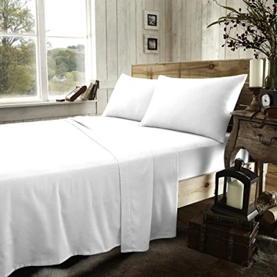Image of iStyle Mode Luxury 100% Cotton Brushed Flannelette Sheet Set Fitted Sheet, Flat + 2x Pillowcases Bed (White, Double Flat+Fitted Set)