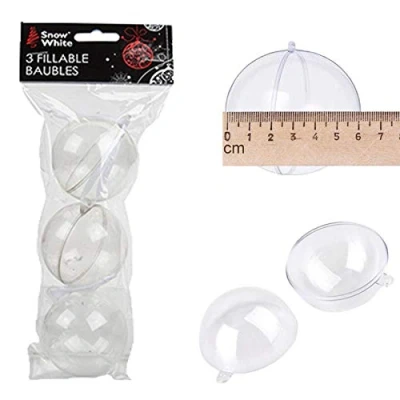 Image of Snow White Fillable Clear Plastic Christmas Tree Baubles with Hanging Ribbon 3 Pack 60mm