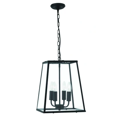 Image of 4 Light Ceiling Lantern Pendant Matt Black, Glass Panels, E14