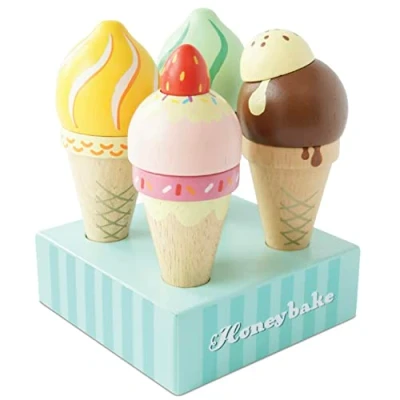 Image of Le Toy Van Educational Wooden Honeybake Ice Creams Pretend Play Kids Playset 6 Pieces Great Gifts for A Boy Or Girl Best 2, 3, 4 and 5 Year Olds