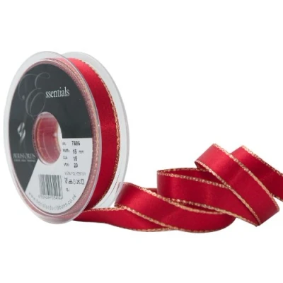 Image of Berisfords 7696 RD 15 mm Gold Edge Satin Ribbon, Red