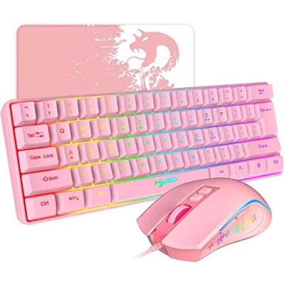 Image of HXSJ V700 Gaming Keyboard and Mouse Combos,60% Ultra Compact Wired Keyboard,61 Keys TKL Layout,RGB Backlit,Gaming Optical Sensor with 7 Buttons,7 Color LED light,Up to 3600DPI,for PC,Mac Pink