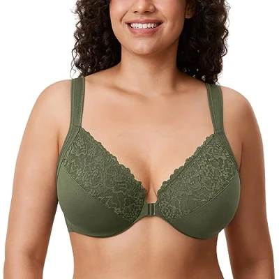 Image of Delimira Women&#039;s Front Fastening Bras Unlined Lace Plus Size Support Underwire Ivy Green 36DD