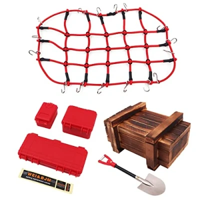 Image of WANGCL 6PCS Remote Control Car Roof Rack Accessories with Cargo Net Mini Red Toolbox Wooden Box Shovel for 1/10 RC Crawler Monster Trucks Compatible TRX4 SCX10/D90