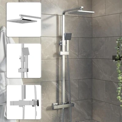 Image of Thermostatic Shower Mixer Square Chrome Bathroom Exposed Twin Head Valve Set