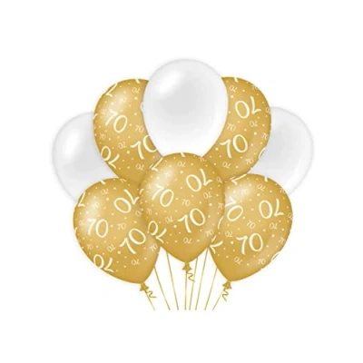Image of PD Party 7023410 Birthday Balloons Natural Rubber (Latex) Celebration Decorations 70, Pack of 8, Gold/White, 30cm Length x Width Height