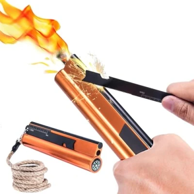Image of Flint and Steel Fire Starter Kit 7 in 1 XXL Ferro Rod Bushcraft Equipment 17cm, Portable Survival Magnesium with 90cm Waterproof Wick Rope,Multi Tool Scraper, Compass for Camping Hiking
