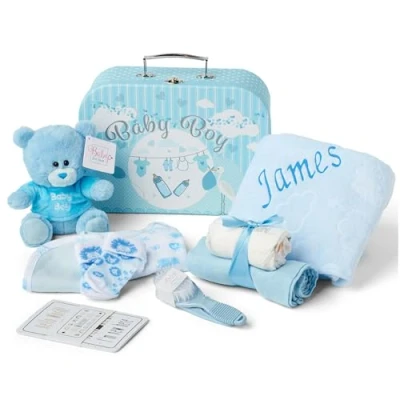 Image of Personalised Baby Gifts Blanket in Blue Hamper Includes Essentials Newborn, Teddy Bear, Newborn Boy &amp;